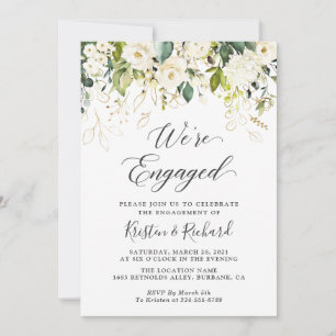 Greenery White Roses Gold Floral Engagement Party Invitation