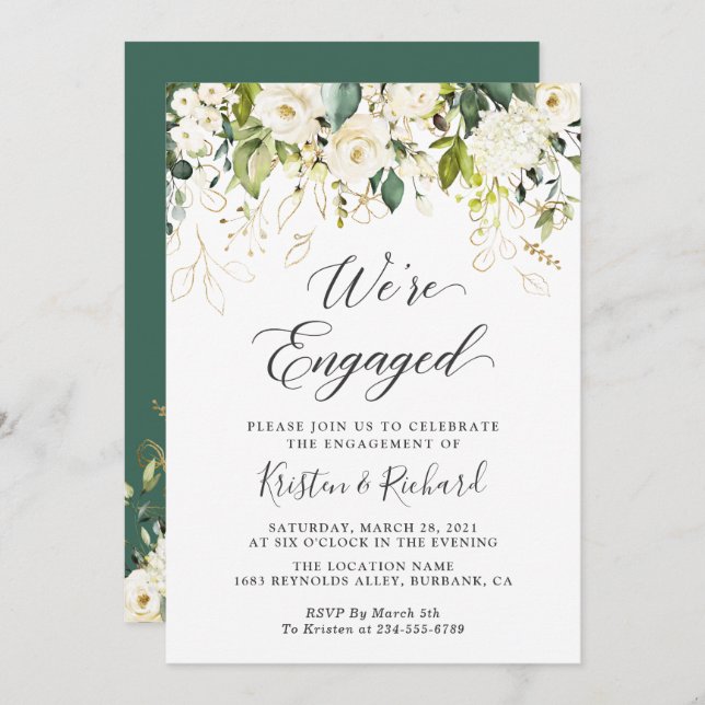 Greenery White Roses Gold Floral Engagement Party Invitation (Front/Back)