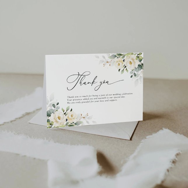 Greenery White Roses Wedding Flat Thank You Card (Creator Uploaded)