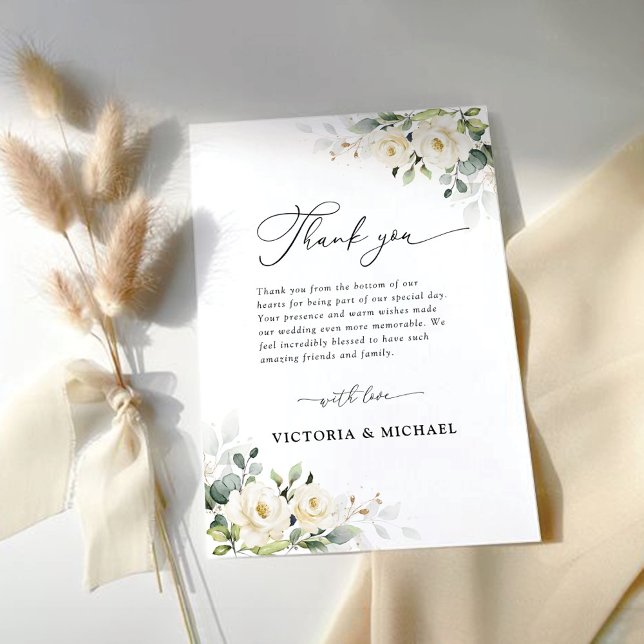 Greenery White Roses Wedding Flat Thank You Card (Creator Uploaded)