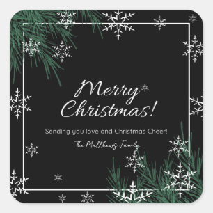 Greenery White Snowflake Christmas Family Name  Square Sticker