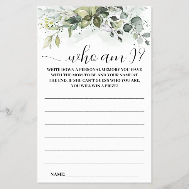 Greenery Who am I Baby Shower Game Card (Front)