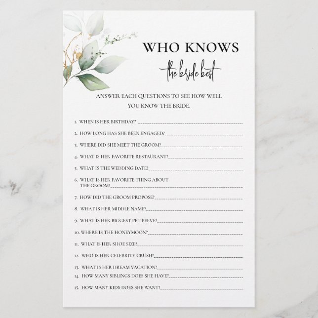 Greenery Who Knows The Bride Best game (Front)