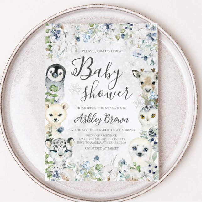 Greenery Winter Arctic Animals Baby Shower  Invitation (Arctic Animals Baby Shower Invitation)