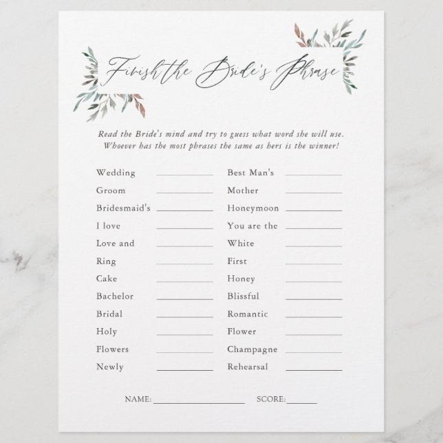 Greenery Winter Bridal Shower Phrases Game (Front)