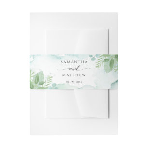 Greenery with Blue and Green Watercolor Wedding Invitation Belly Band