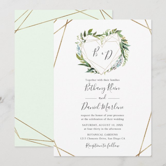 Greenery with Gold Geometric Heart Frame Wedding Invitation (Front/Back)