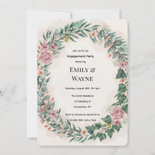 Greenery With Pink Flowers Engagement Party Invitation