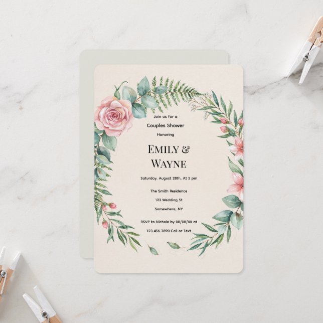 Greenery With Pink Flowers Romantic Couples Shower Invitation (Front/Back In Situ)
