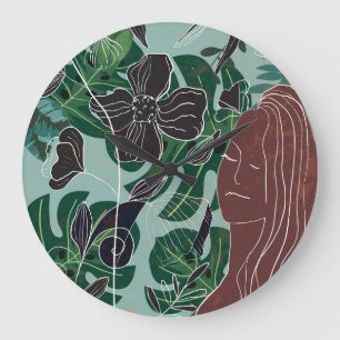 Greenery Woman, Modern Vintage Illustration. Large Clock