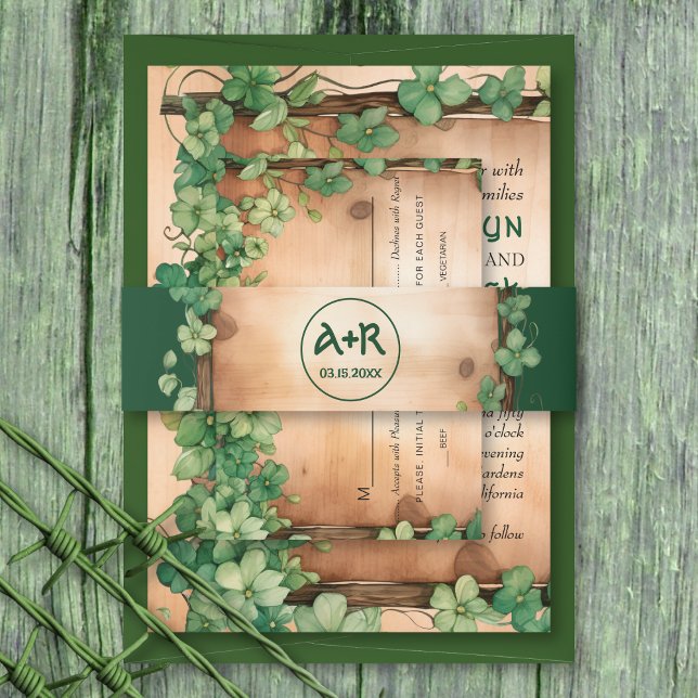 Greenery, wood and iitials St Patricks Day wedding Invitation Belly Band (Creator Uploaded)