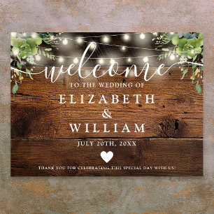 Greenery Wood String Lights Wedding Welcome Sign