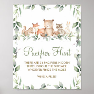 Greenery Woodland Animal Shower Pacifier Hunt Game Poster