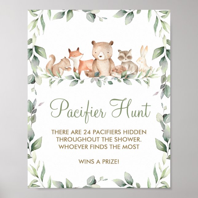 Greenery Woodland Animal Shower Pacifier Hunt Game Poster (Front)