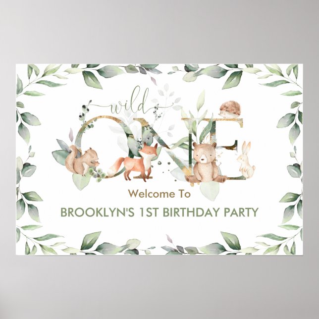 Greenery Woodland Animals 1st Birthday Welcome  Poster (Front)