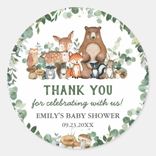 Greenery Woodland Animals Baby Shower Birthday  Cl Classic Round Sticker (Front)