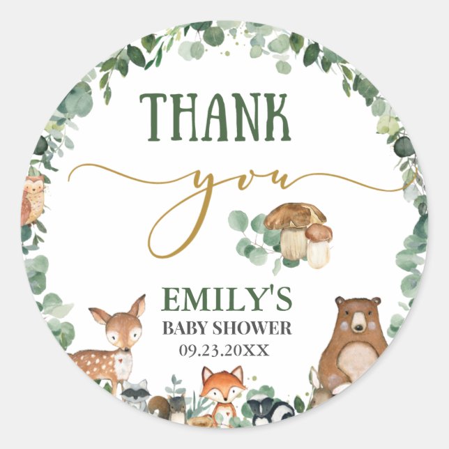 Greenery Woodland Animals Baby Shower Birthday  Classic Round Sticker (Front)