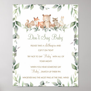 Greenery Woodland Animals Don't Say Baby Game Poster