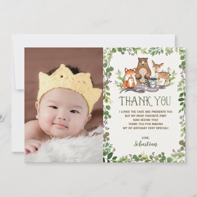 Greenery Woodland Animals Forest Birthday Party Thank You Card (Front)