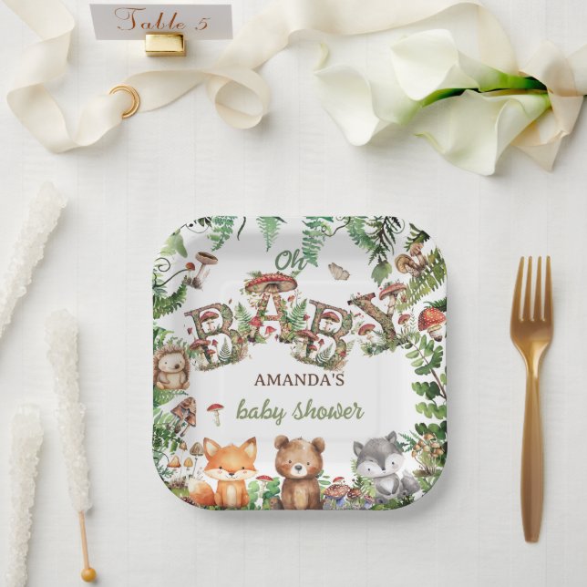 Greenery Woodland Animals Rustic Boho Baby Shower  Paper Plate (Wedding)