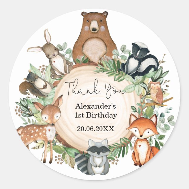 Greenery Woodland Baby Animals Birthday Favours Classic Round Sticker (Front)