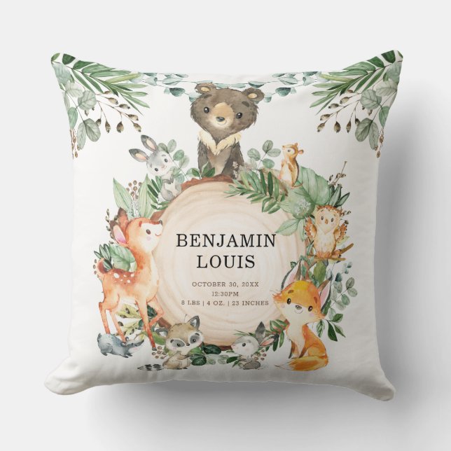 Greenery Woodland Baby Animals Nursery Keepsake Throw Pillow (Front)