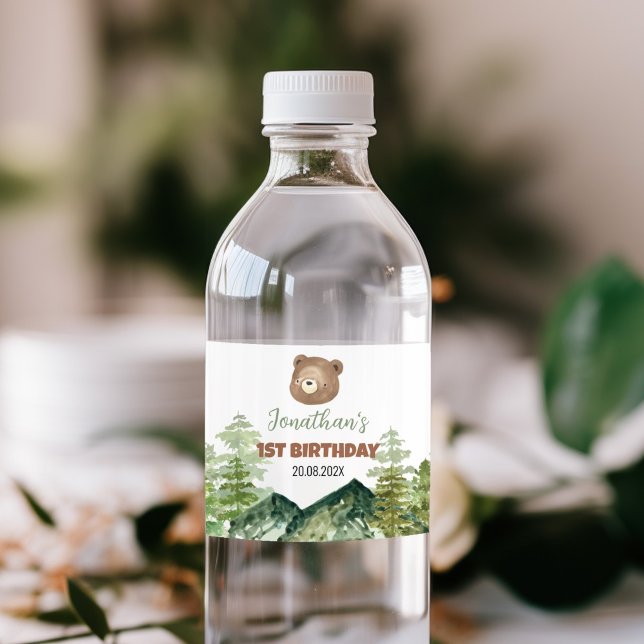Greenery Woodland Bear 1st Birthday  Water Bottle Label (Creator Uploaded)