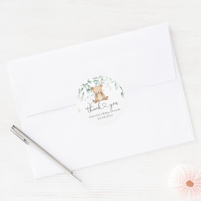 Greenery Woodland Cute Bear Baby Shower Classic Round Sticker (Envelope)