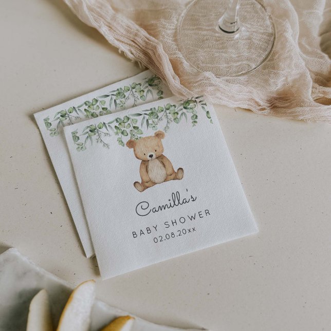 Greenery Woodland Cute Bear Baby Shower Napkin (Creator Uploaded)