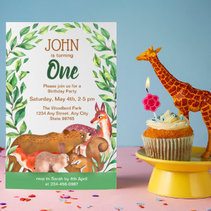 Greenery Woodland Forest Animals 1st Birthday  Inv Invitation