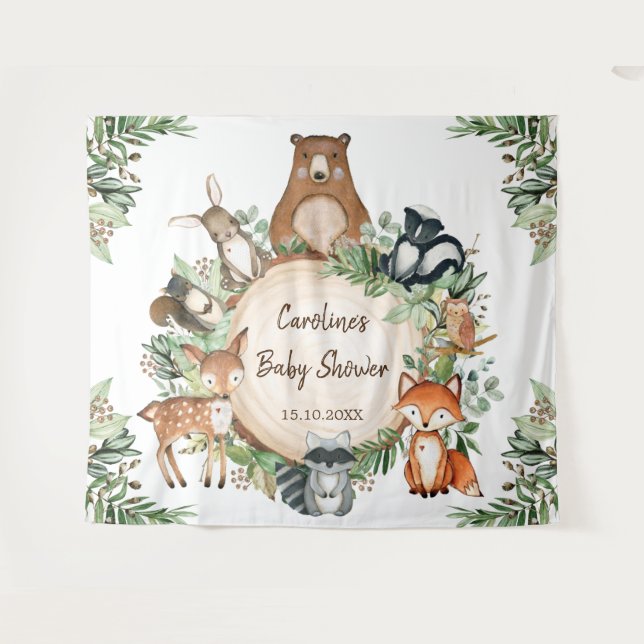 Greenery Woodland Forest Animals Baby Shower Tapestry (Front (Horizontal))