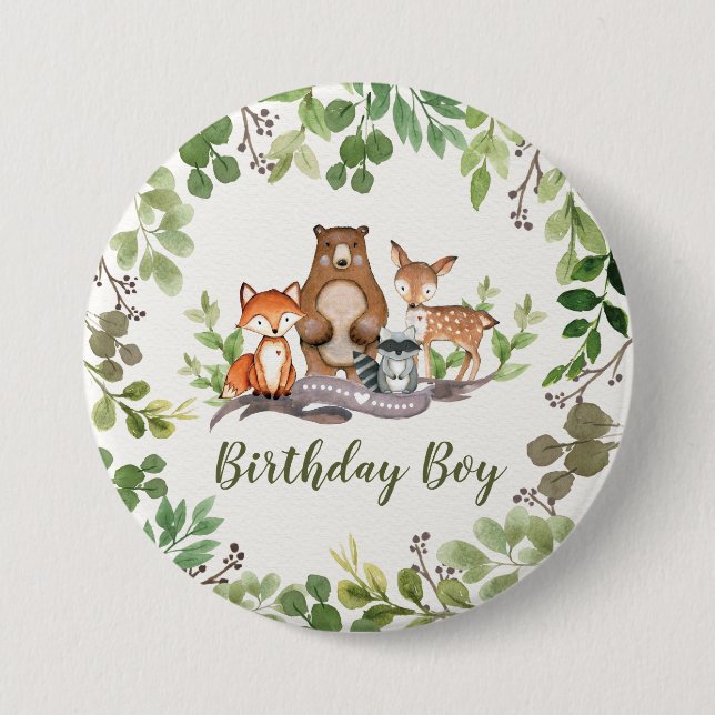 Greenery Woodland Forest Animals Birthday Boy 3 Inch Round Button (Front)