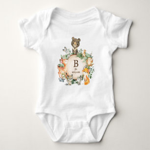 Greenery Woodland Forest Animals Custom Monogram Baby Bodysuit