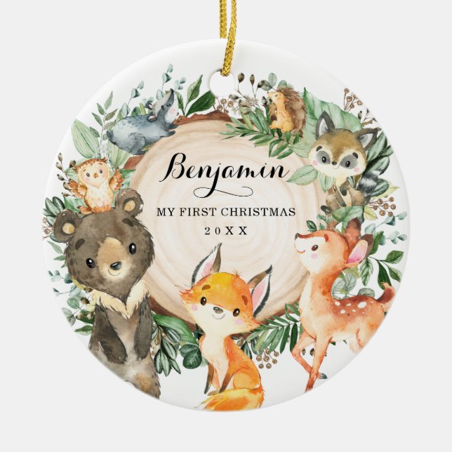 Greenery Woodland Forest Animals First Christmas Ceramic Ornament (Front)