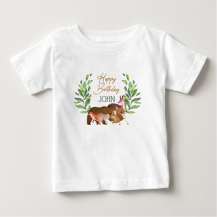 Greenery Woodland Forest Animals Happy Birthday Baby T-Shirt