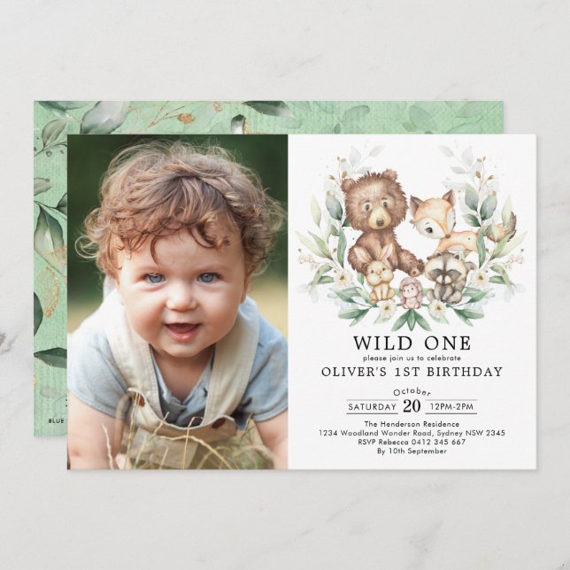 Greenery Woodland Forest Animals Wild One Birthday Invitation (Front/Back)