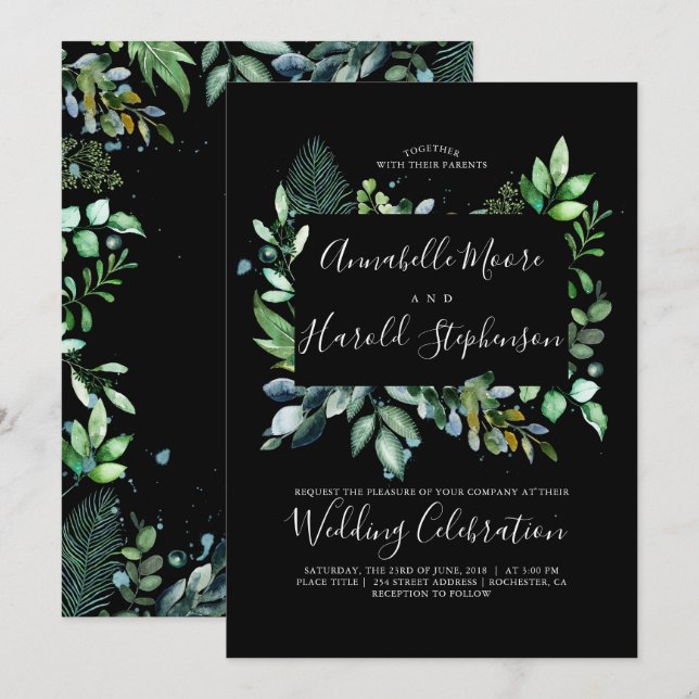Greenery | Woodland | Modern Watercolor Wedding Invitation (Front/Back)