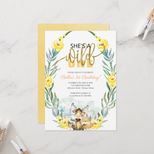 Greenery Woodland She's A Wild One First Birthday  Invitation (Front/Back In Situ)