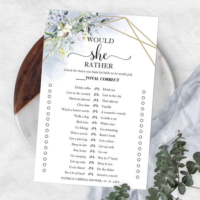 Greenery Would She Rather Bridal Shower Game Flyer (Creator Uploaded)