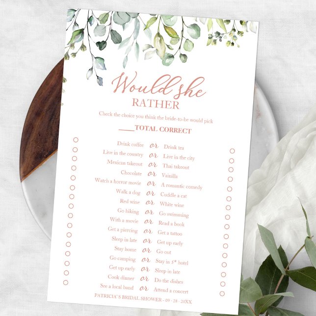 Greenery Would She Rather Bridal Shower Game Flyer (Creator Uploaded)
