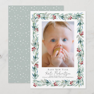 Greenery Wreath Baby New Year Photo Holiday Card