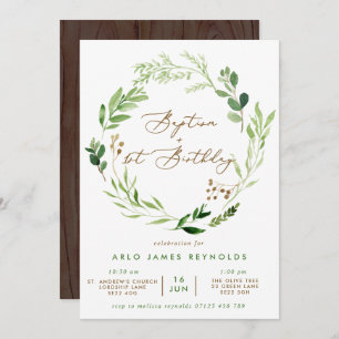 Greenery Wreath Baptism & 1st Birthday Invitation