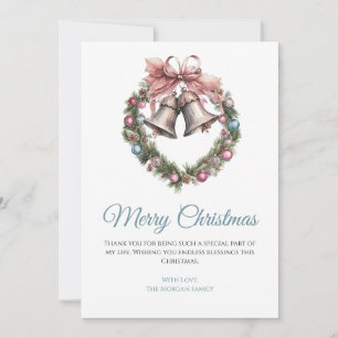 Greenery wreath bell & pink ribbon bow holiday card