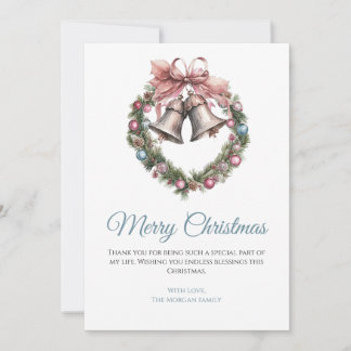 Greenery wreath bell & pink ribbon bow holiday card