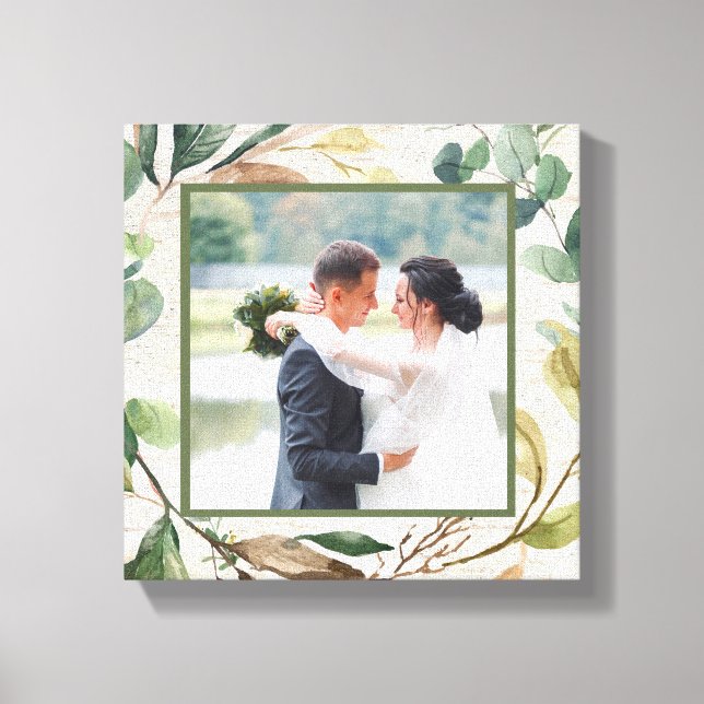 Greenery Wreath Birch Photo Wedding Keepsake Canvas Print (Front)