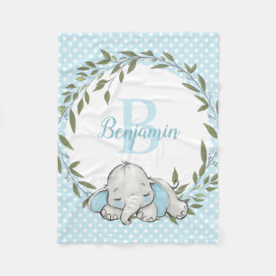 Greenery Wreath Blue Elephant Personalized Boy Fleece Blanket