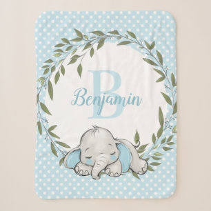 Greenery Wreath Blue Elephant Personalized Boy Sherpa Blanket