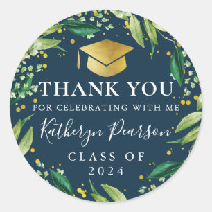 Greenery Wreath Blue Gold  Graduation Thank You Classic Round Sticker