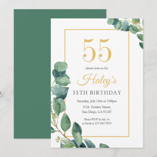 Greenery Wreath Chic Gold & Sage 55TH Birthday Invitation