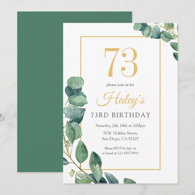 Greenery Wreath Chic Gold & Sage 73RD Birthday Invitation (Front/Back)